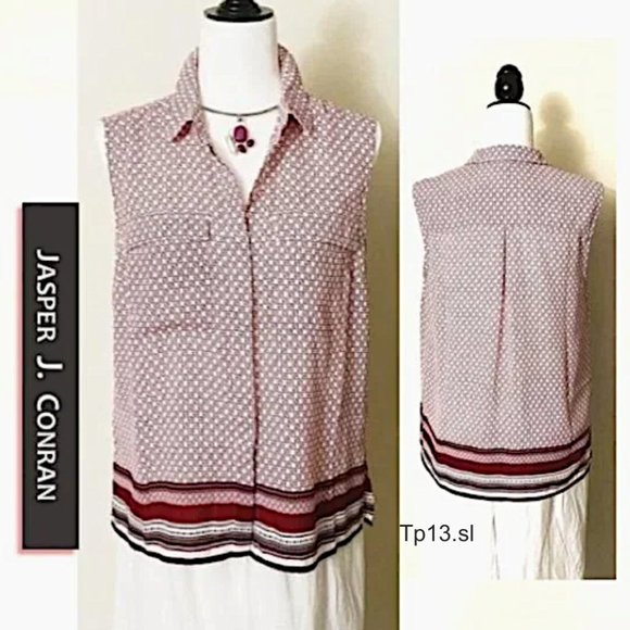 JASPER CONRAN Blouse Shirt Top Red White GeoPrint Sleeveless Collar Button Front - Picture 1 of 10